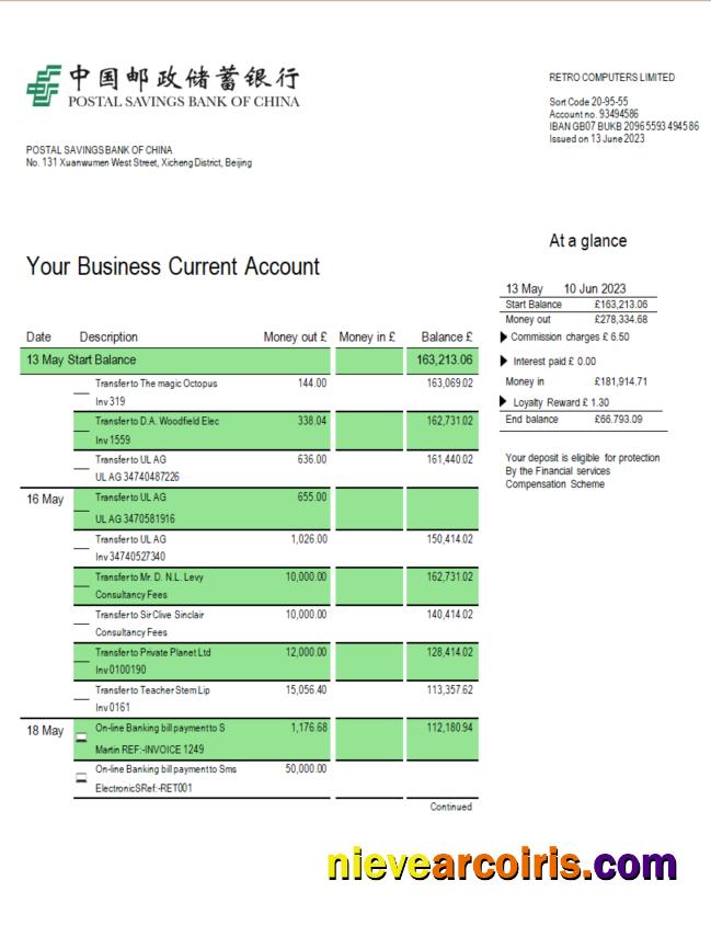 Postal Savings Bank firm account statement